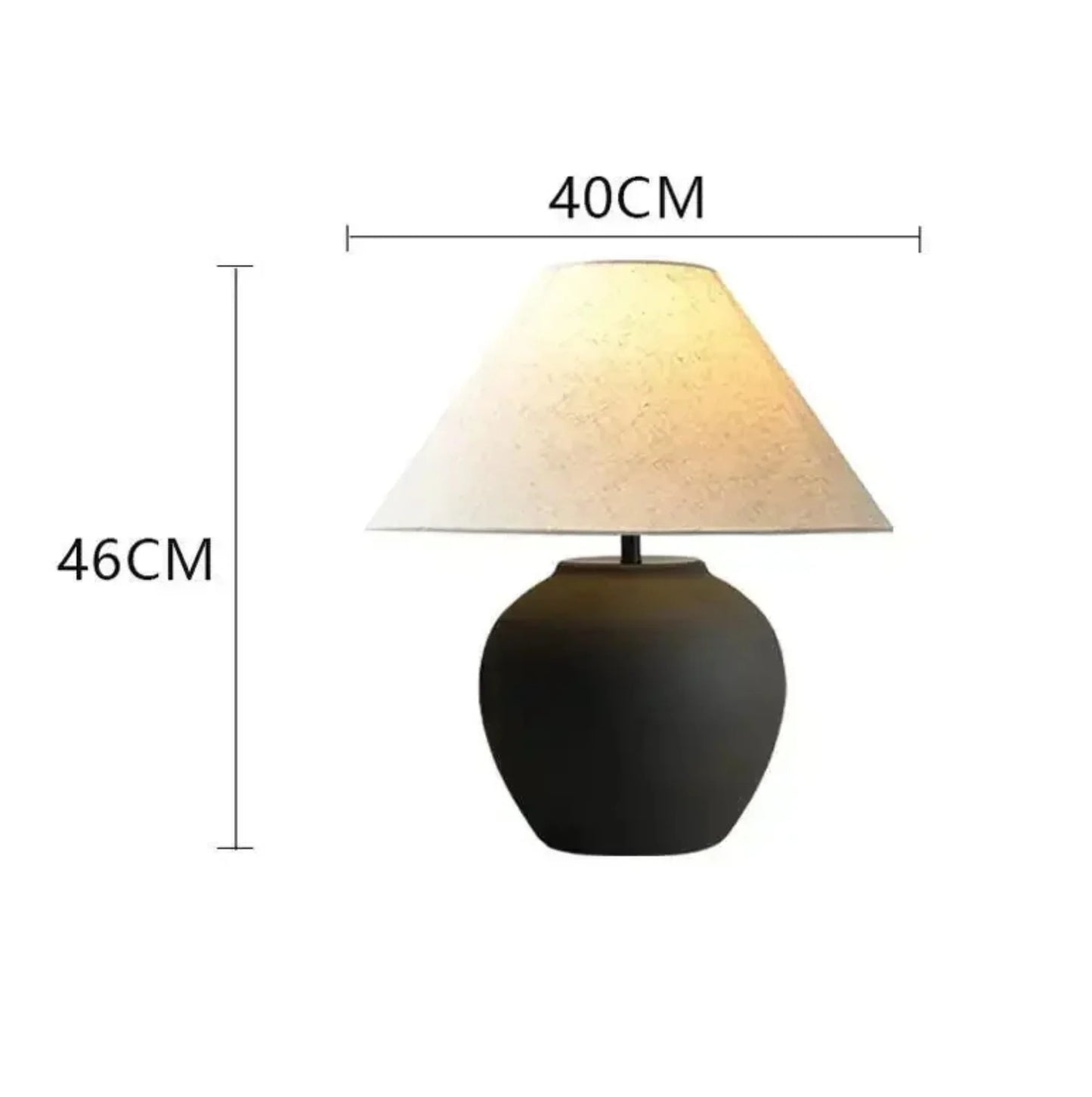 Table lamp with dimensions indicated on a white background