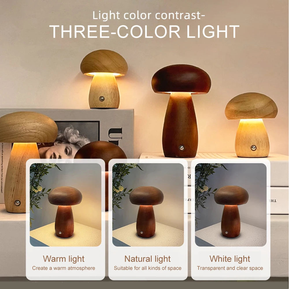 NuaGlow Wooden Mushroom Nightlight with Touch Dimming (Rechargeable)