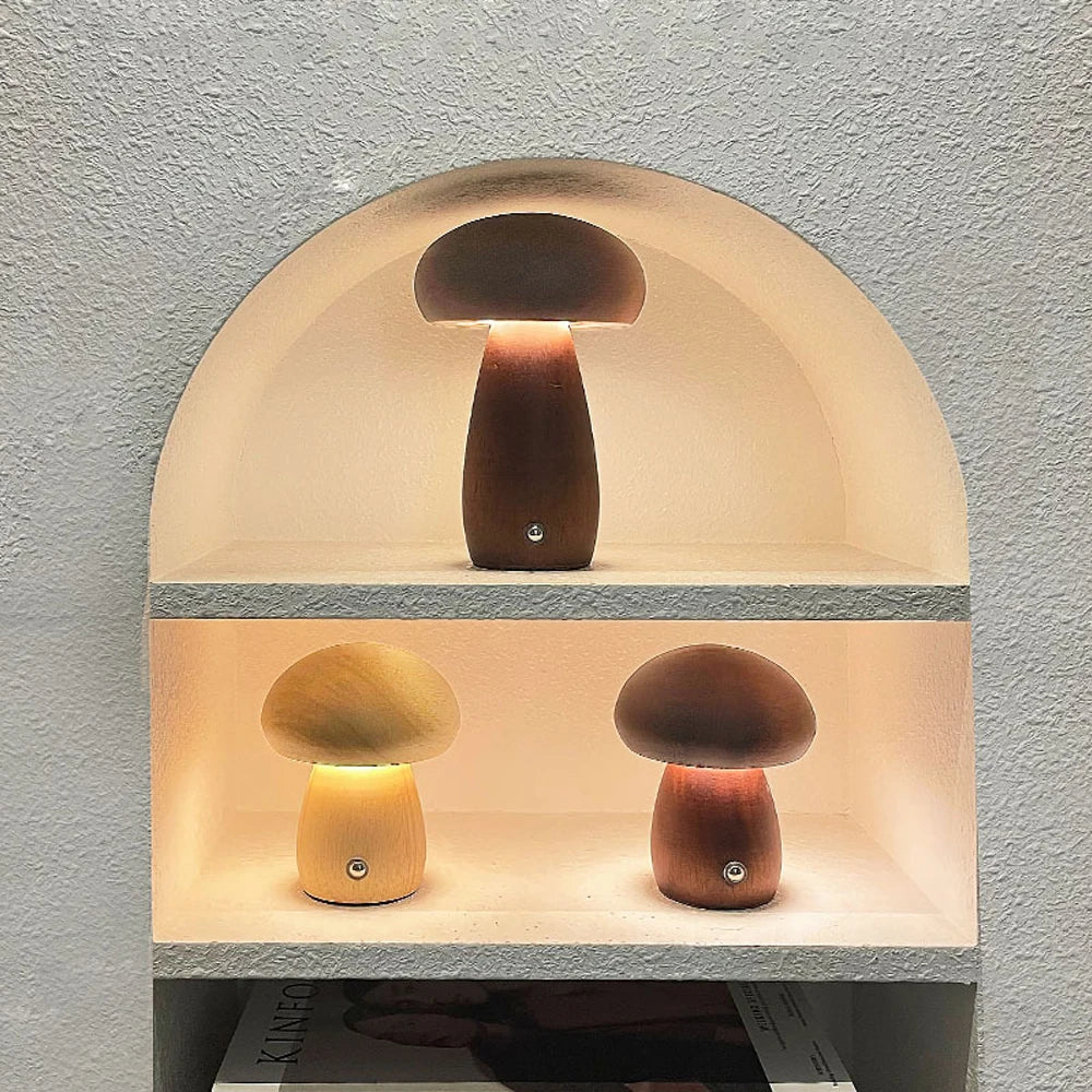 NuaGlow Wooden Mushroom Nightlight with Touch Dimming (Rechargeable)