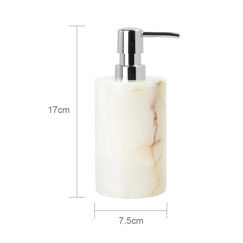 SereneStone Collection Natural White Onyx Marble Bathroom Set items with Gold and Silver Accents