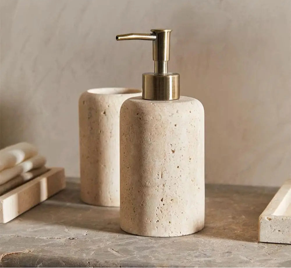 SoleilStone Natural Travertine Soap & Lotion Dispenser with Gold Pump