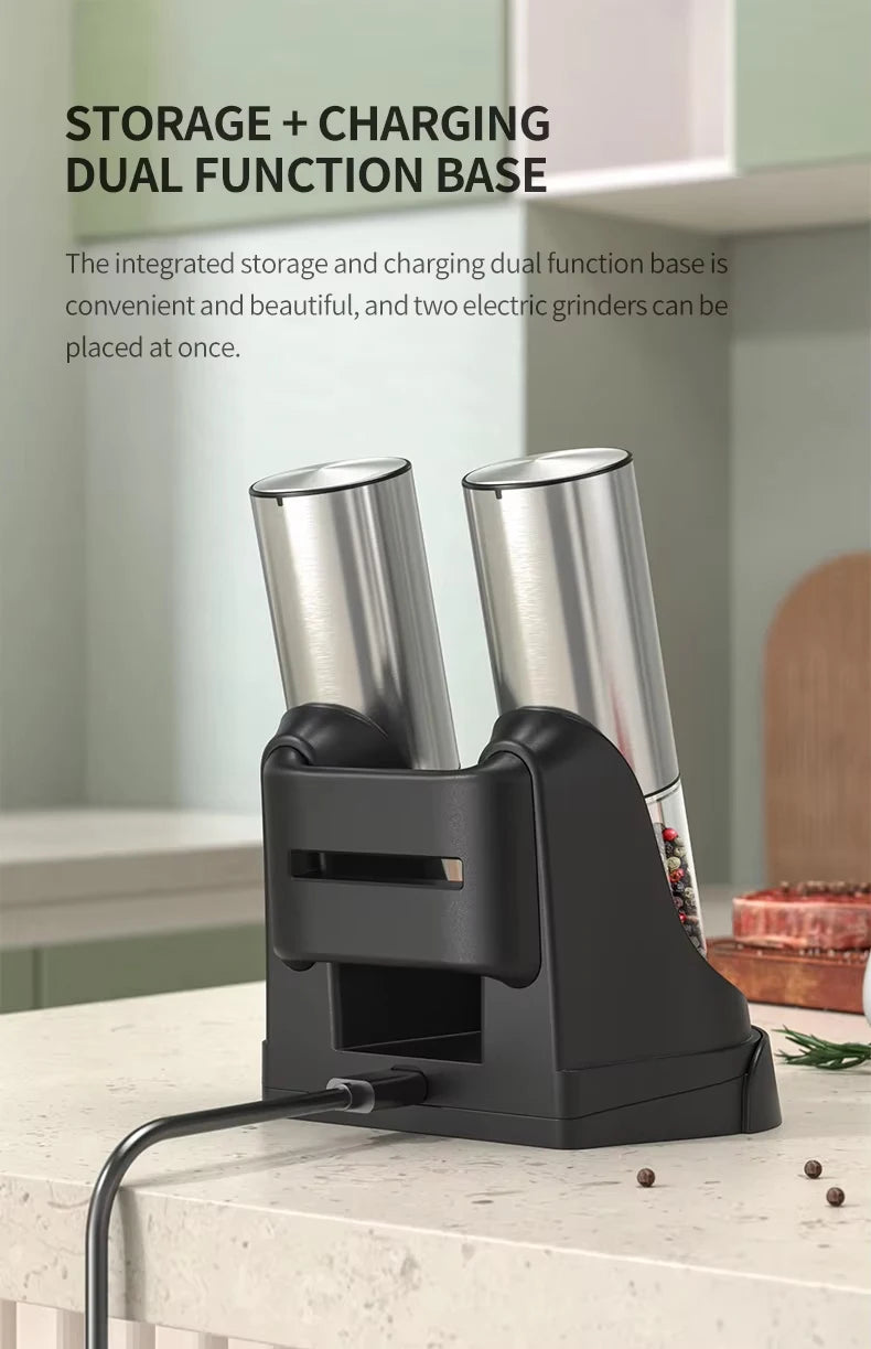 Luxe Electric Seasoning Set – Sleek Salt & Pepper Grinders with Charging Base