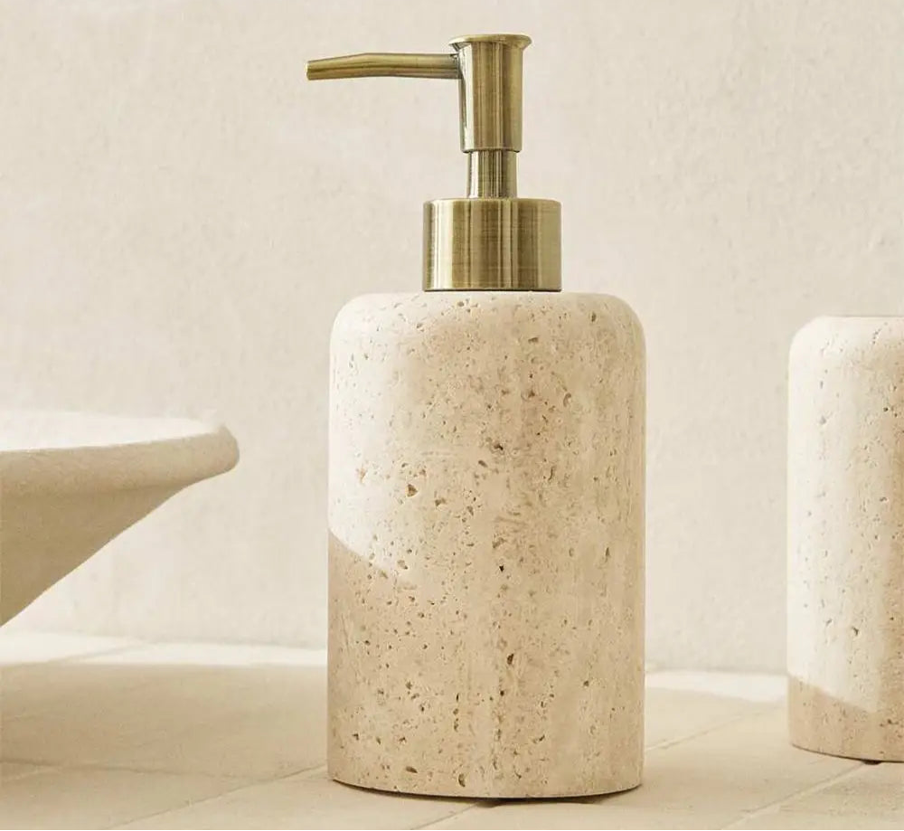 SoleilStone Natural Travertine Soap & Lotion Dispenser with Gold Pump
