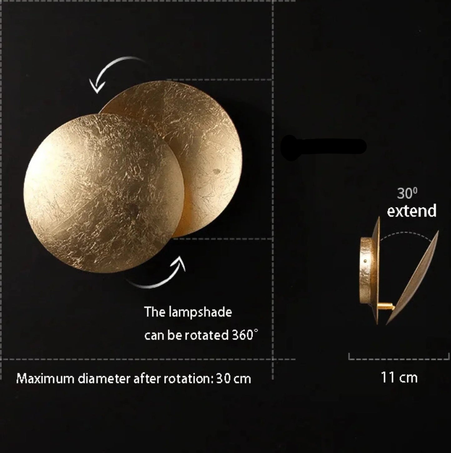 Gold lampshade with dimensions and features on a black background