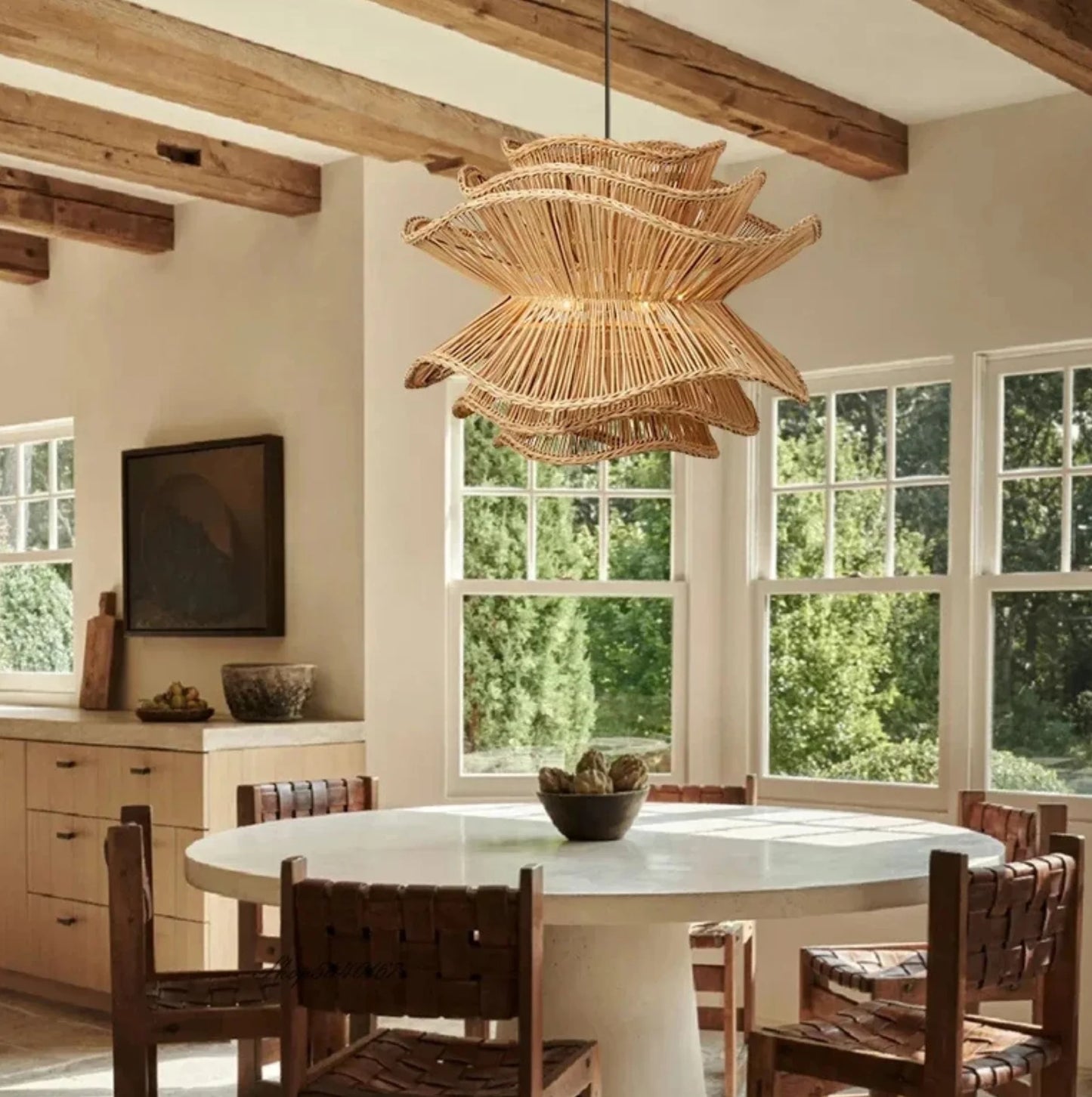 Rattan pendant light in a kitchen