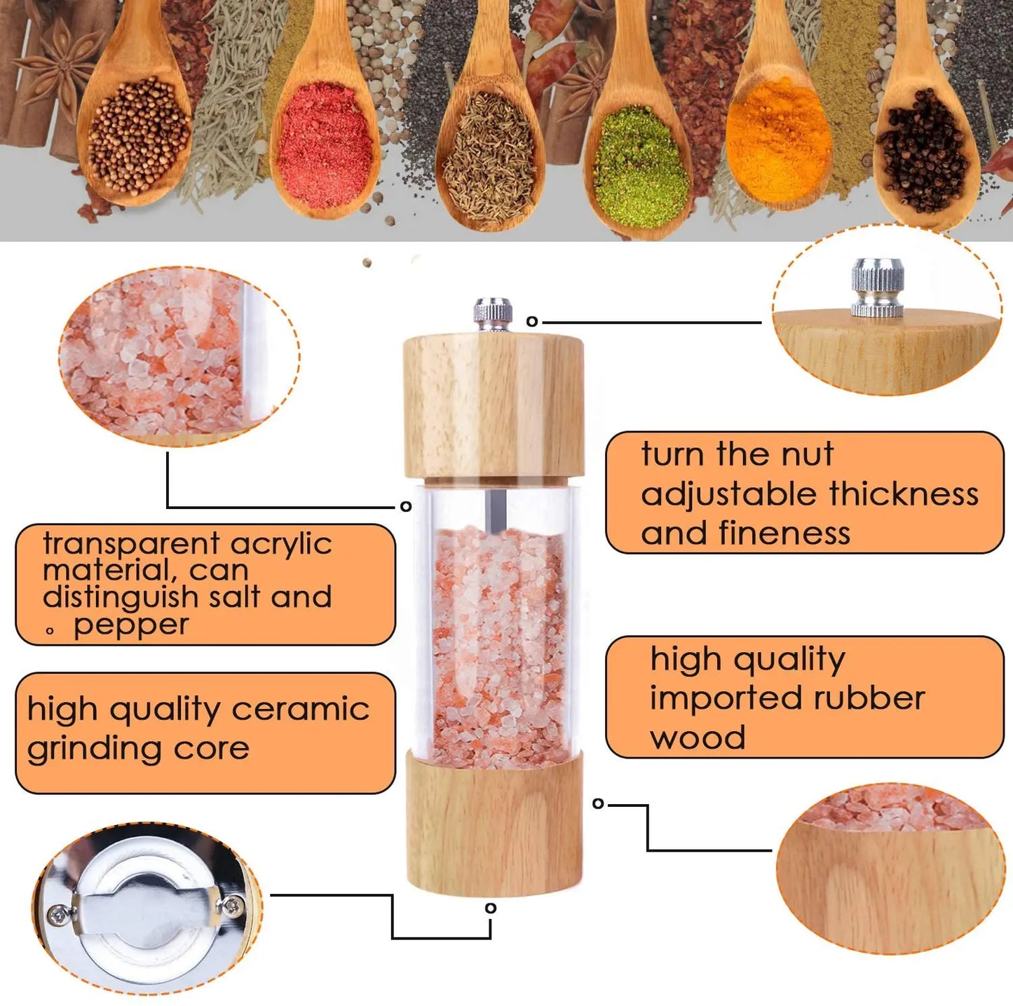 RusticTwist  Manual Wooden Salt & Pepper Grinder Duo with Cleaning Brush