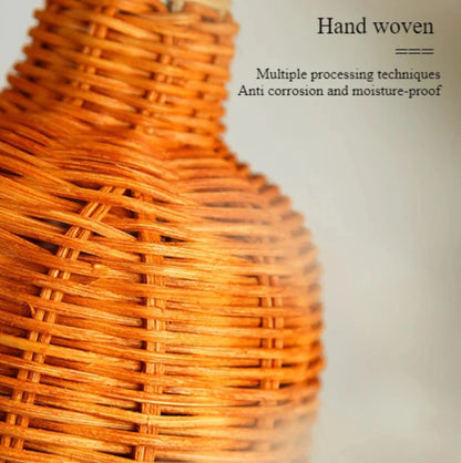 Hand-woven object with text on a light background