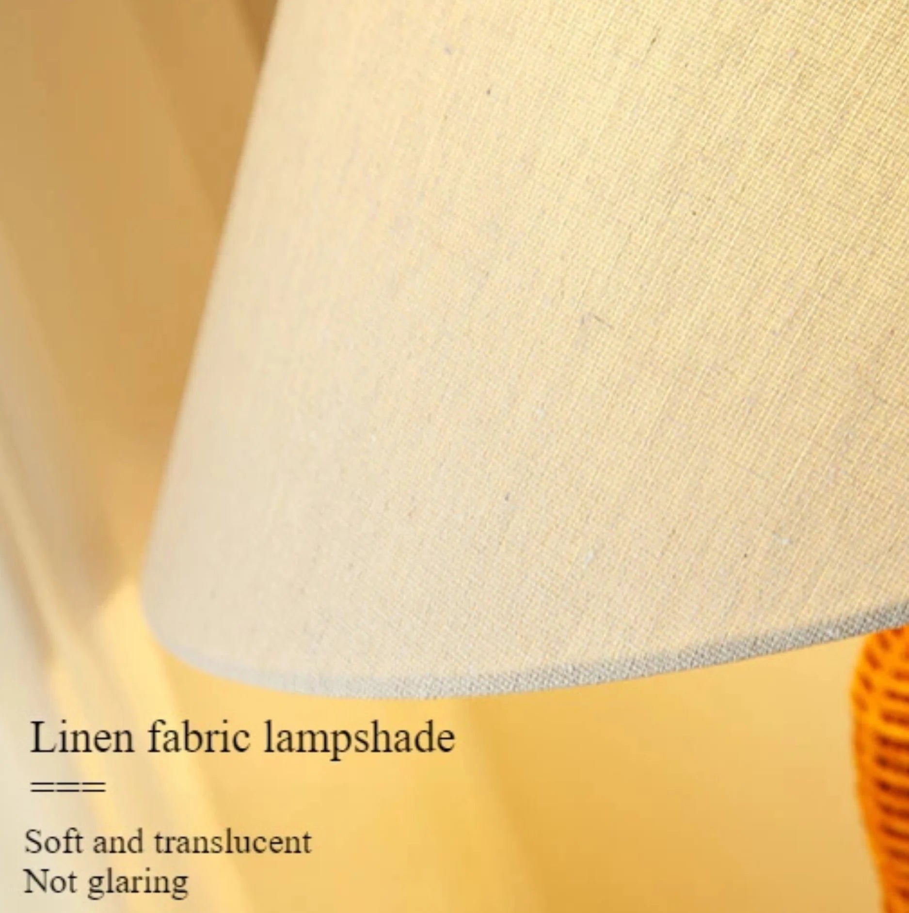 Close-up of a linen fabric lampshade with text describing its properties.