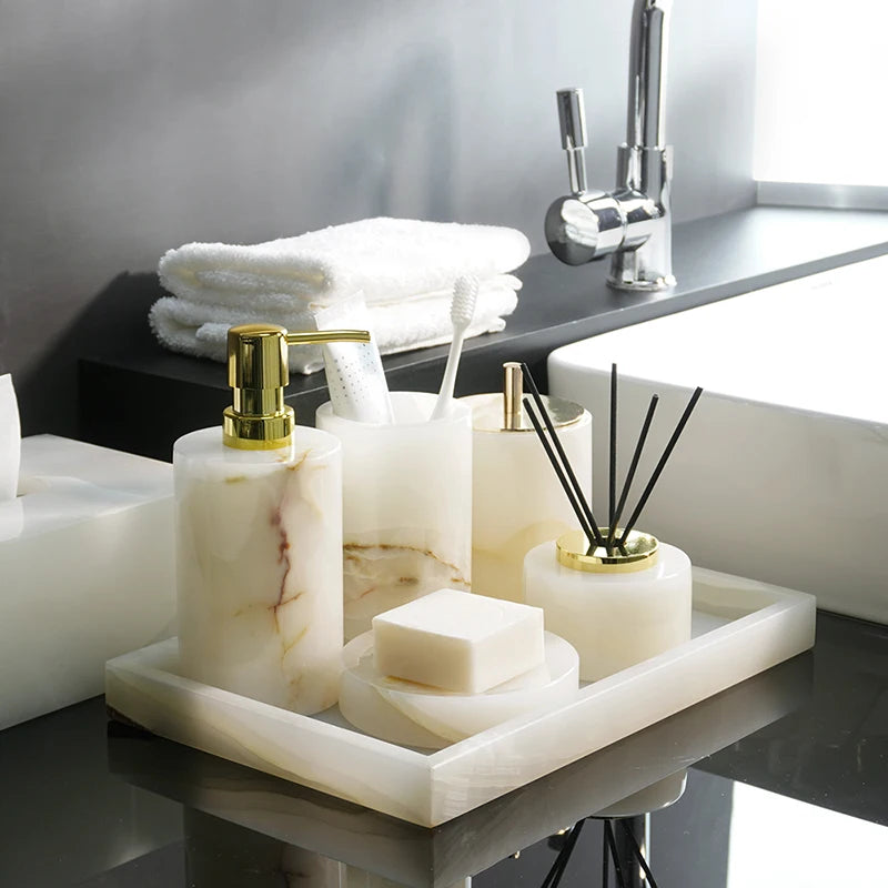 SereneStone Collection Natural White Onyx Marble Bathroom Set items with Gold and Silver Accents