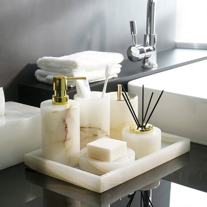 SereneStone Collection Natural White Onyx Marble Bathroom Set items with Gold and Silver Accents