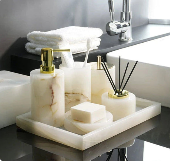 SereneStone Collection Natural White Onyx Marble Bathroom Set items with Gold and Silver Accents