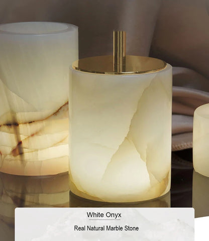 SereneStone Collection Natural White Onyx Marble Bathroom Set items with Gold and Silver Accents