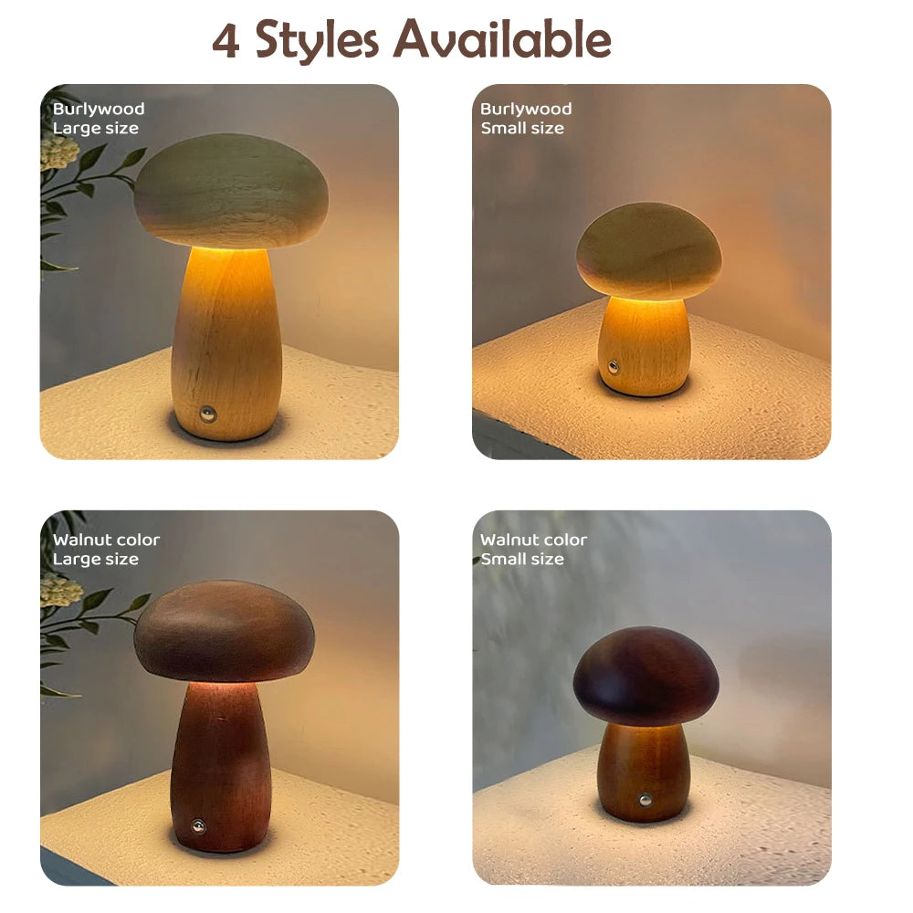 NuaGlow  Wooden Mushroom Nightlight with Touch Dimming (Rechargeable)