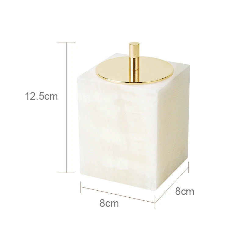 SereneStone Collection Natural White Onyx Marble Bathroom Set items with Gold and Silver Accents