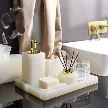 SereneStone Collection Natural White Onyx Marble Bathroom Set items with Gold and Silver Accents