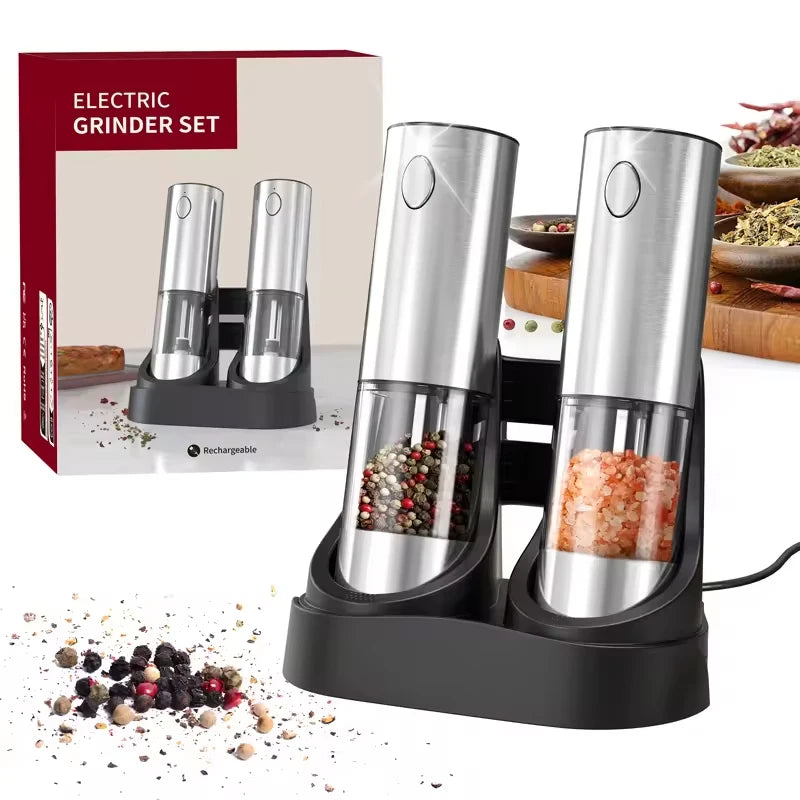 Luxe Electric Seasoning Set – Sleek Salt & Pepper Grinders with Charging Base