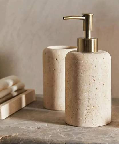 SoleilStone Natural Travertine Soap & Lotion Dispenser with Gold Pump