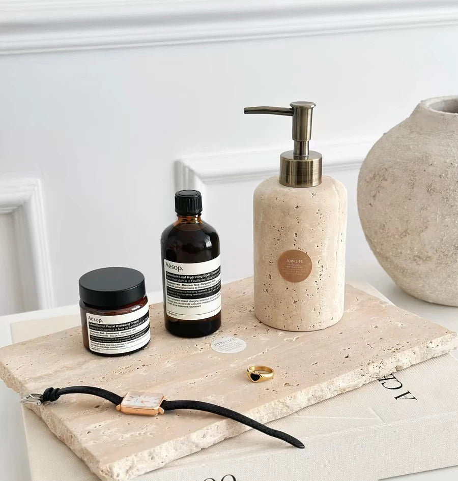 SoleilStone Natural Travertine Soap & Lotion Dispenser with Gold Pump