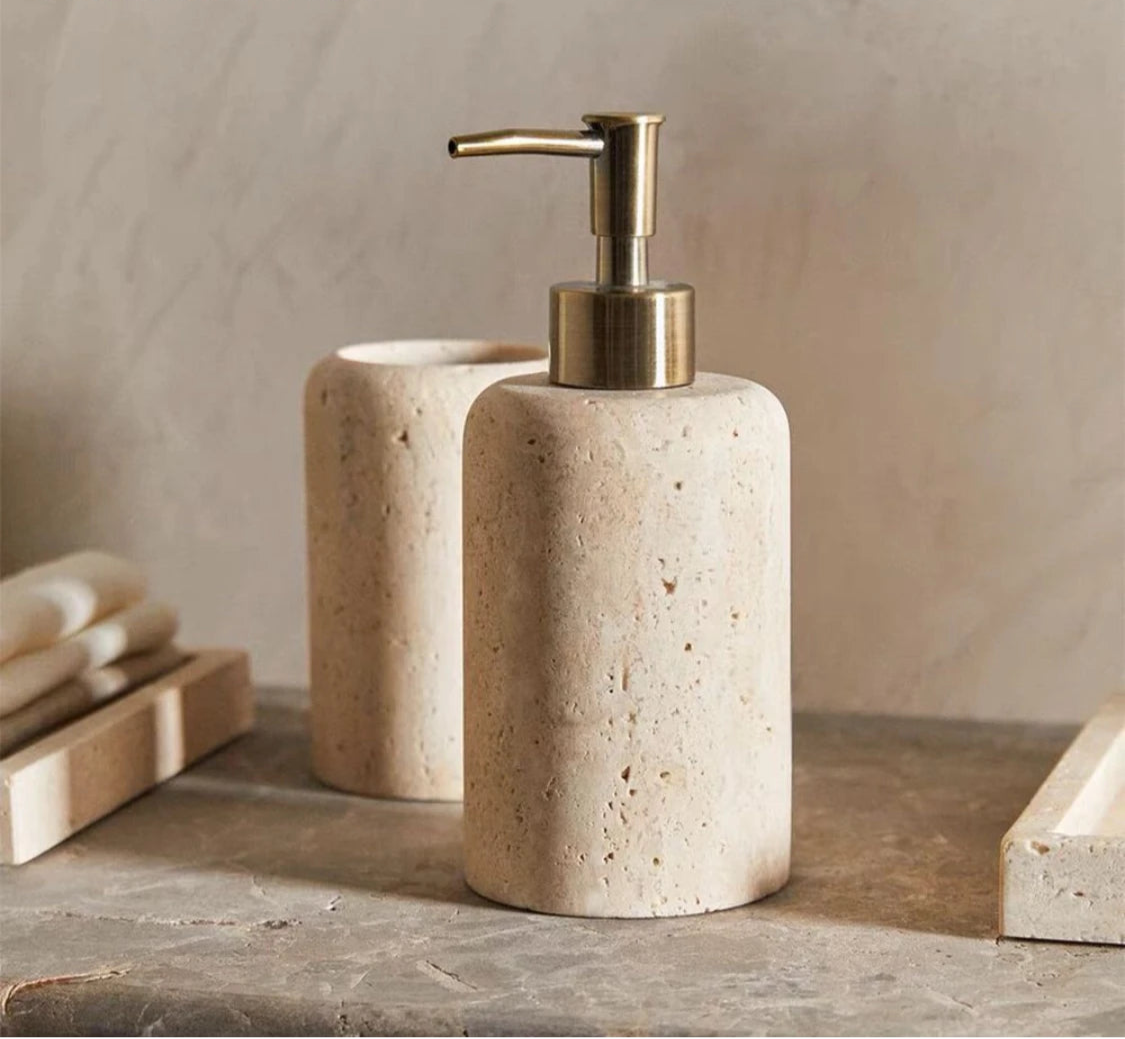 SoleilStone Natural Travertine Soap & Lotion Dispenser with Gold Pump