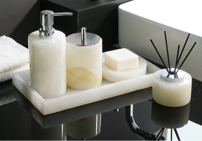 SereneStone Collection Natural White Onyx Marble Bathroom Set items with Gold and Silver Accents