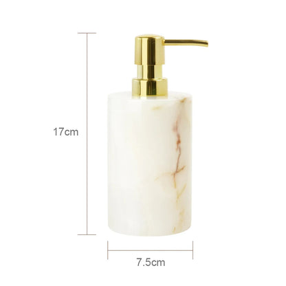 SereneStone Collection Natural White Onyx Marble Bathroom Set items with Gold and Silver Accents