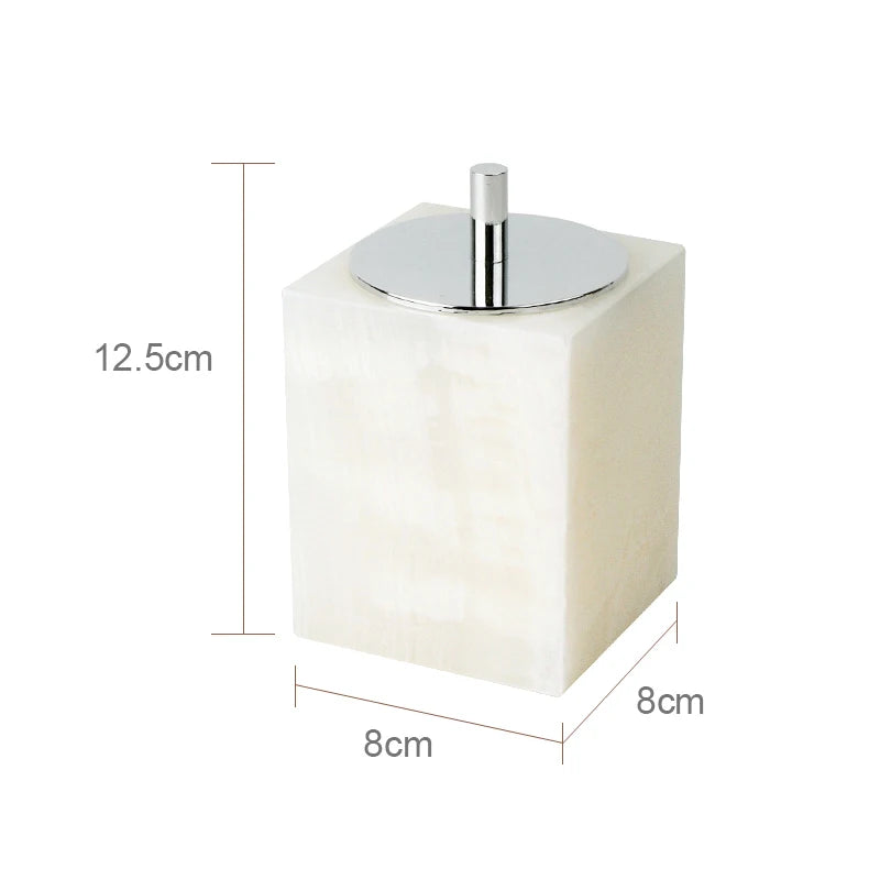 SereneStone Collection Natural White Onyx Marble Bathroom Set items with Gold and Silver Accents