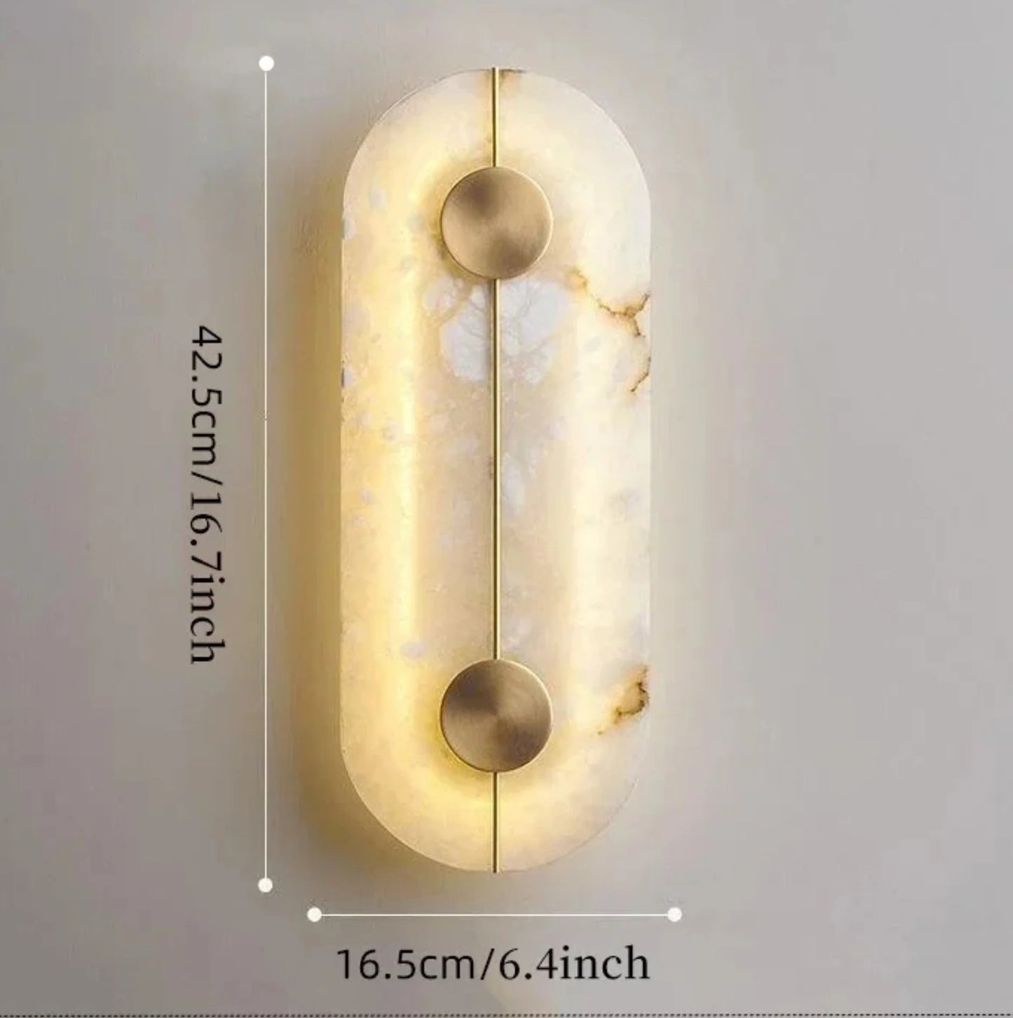 Wall lamp with measurements on a gray background oval shaped