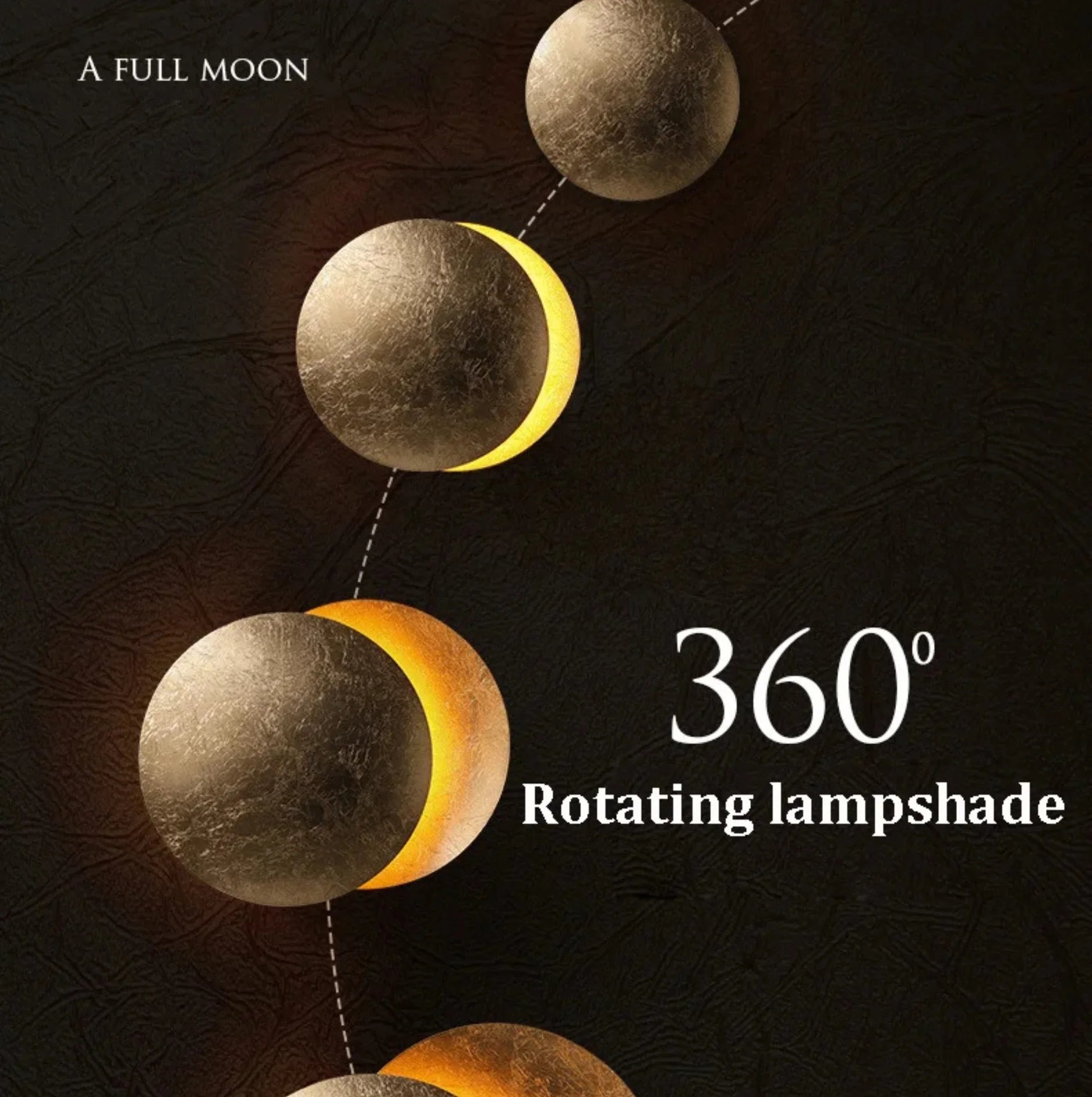 360-degree rotating wall light with moon phases on a dark background